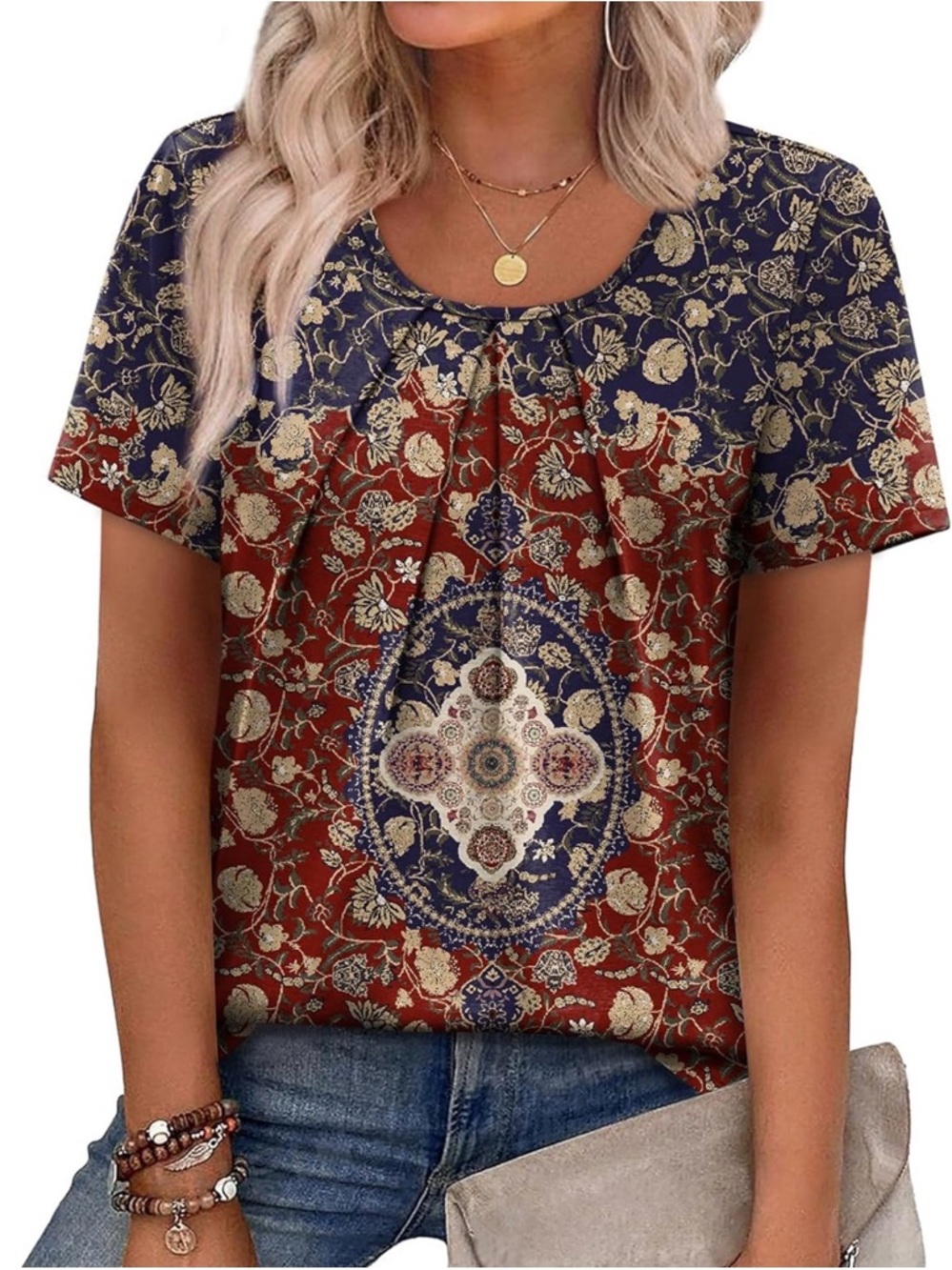 Boho Floral Medallion Short Sleeve Top - Red & Navy - Picture 2 of 5